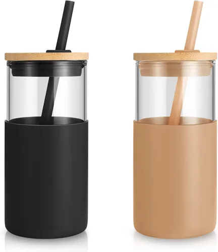 Vista 39 de Tronco Vaso de vidrio de 28 onzas con tapas y pajilla, taza reutilizable para café helado y vaso para batidos con tapa de bambú, funda de silicona
