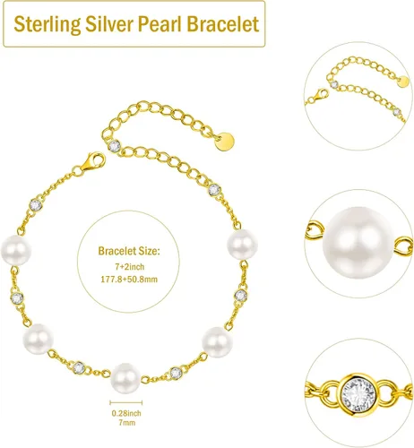 Vista 2 de AENEAS Pearl Bracelet S925 Sterling Silver Pearl Bracelets for Women Pearl Jewelry Gifts for Women Girls with Gift Box