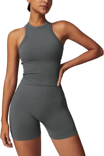 Vista 19 de Conjuntos de entrenamiento para mujer, 2 piezas, sin costuras, acanalada, sin mangas, brasier deportivo, cintura alta, pantalones cortos