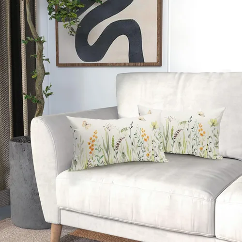 Vista 6 de Kawani Fundas de almohadón lumbar florales para primavera y verano de 12x20 pulgadas, flores silvestres amarillas y hojas verdes con mariposas