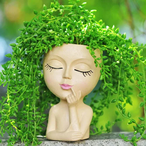 Vista 10 de Macetas faciales con cabeza lindas macetas para plantas de interior, macetas de cabeza de resina, macetas suculentas con orificio de drenaje (negro)