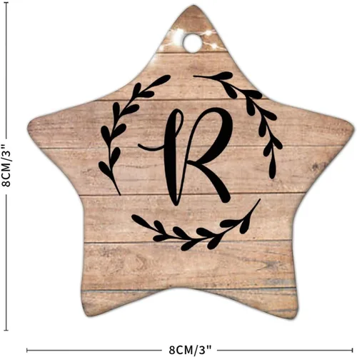Vista 4 de Monograma inicial letra R adorno decorativo plano en forma de estrella adornos de Navidad de cerámica para decoración de árbol de Navidad, adorno