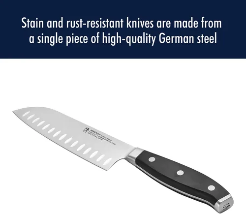Vista 6 de Henckels Cuchillo Santoku Forjado Premio de Borde Hueco, 7 pulgadas, Negro/Acero Inoxidable