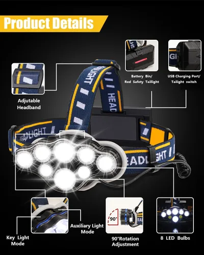 Vista 2 de Linterna frontal recargable, linterna frontal LED de 8 LED 18000 lúmenes 8 modos con luces blancas y rojas cable USB, lámpara de cabeza impermeable