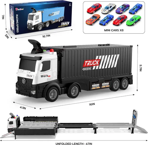 Vista 2 de Camión de carreras para niños, juguete plegable de 3 capas para niños, camión de juguete para transportar autos y 8 autos de carreras, juguetes