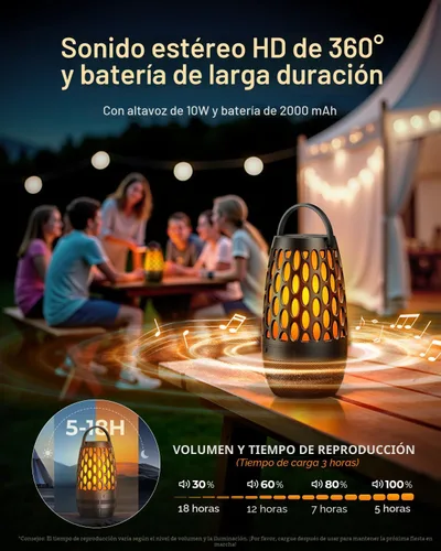 Vista 2 de Altavoces para exteriores Bluetooth impermeables IPX6 con luces de llama, regalos gadget para papá, ella, él, sonido estéreo HD, BT 5.3