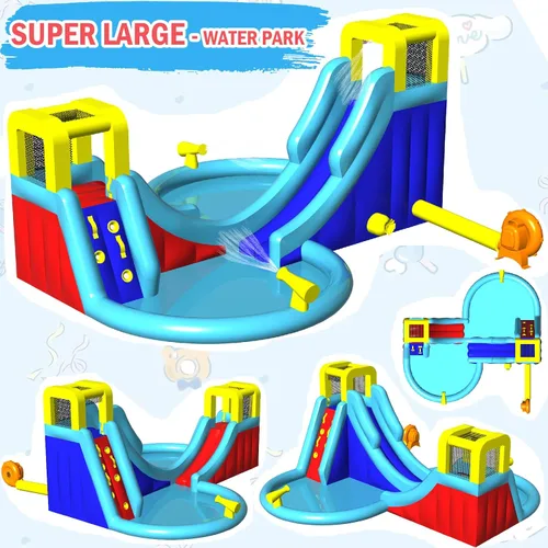 Vista 2 de AKEYDIY Toboganes acuáticos inflables, estilo circular al aire libre parque acuático inflable con escalada, borde de baloncesto, piscina