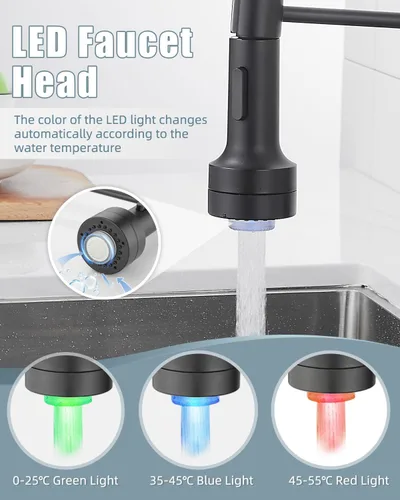 Vista 3 de Llave de cocina negra con luz LED, llave de cocina con dispensador de jabón, llave para fregadero de cocina, llave de cocina de acero inoxidable
