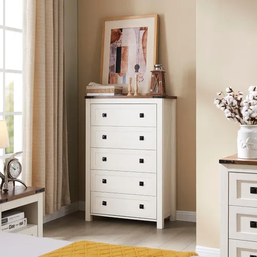 Vista 3 de T4TREAM Cómoda rústica de 48 pulgadas de alto con 5 cajones para dormitorio Blanco antiguo