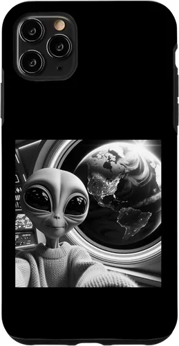 Vista 11 de iPhone 14 lindo alienígena divertido negro y blanco selfie UFO Earth caso
