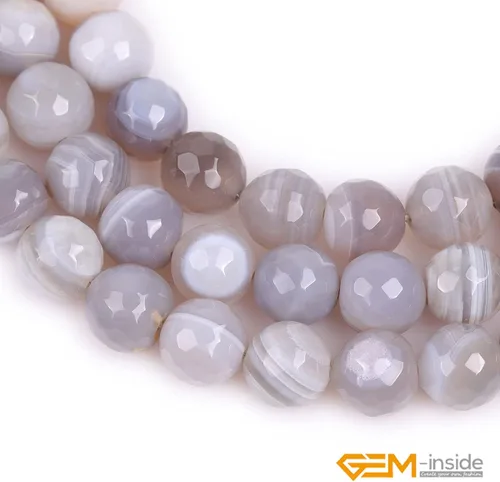 Vista 5 de GEM-Inside - Cuentas sueltas de ágata gris con banda para hacer joyas, redondas de 0.394 in, facetadas de 15 pulgadas