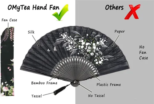 Vista 6 de OMyTea, abanico desplegable con motivo de flores de yuyos (8.27 pulgadas - 21 centímetros) con funda de tela para protección, estilo chino/japonés