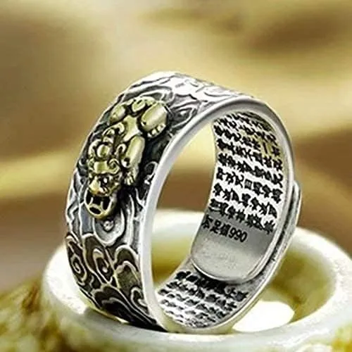 Vista 2 de JAJAFOOK Anillo de plata 990 FENG Shui antiguo Xiangyun PIXIU MANI Amuleto Anillo Lucky Wealth Budista Mantra Joyería, ajustable, Metal, Zirconia