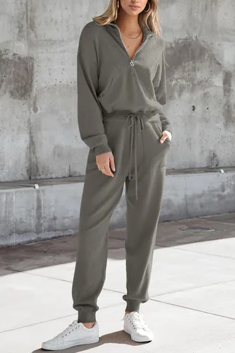 Vista 91 de PRETTYGARDEN Conjunto de suéter de 2 piezas para mujer, sudadera con cremallera, pantalones deportivos, ropa casual