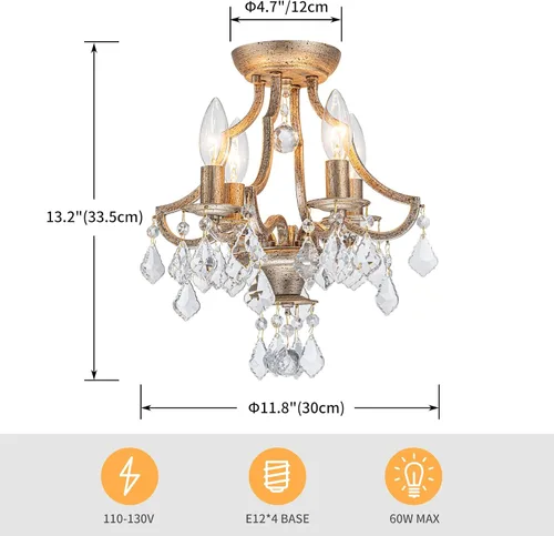 Vista 3 de LumFurn Lámpara de Techo de Cristal K9 Moderna de Mediados de Siglo de 4 Luces para Sala de Estar, Vestíbulo, Dormitorio, Lámpara de Montaje