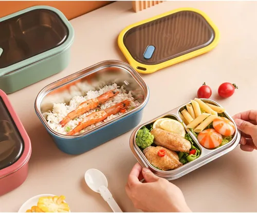 Vista 8 de Caja Bento de acero inoxidable, contenedores de almuerzo de metal con compartimento, lonchera sellada contenedor de comida (azul)