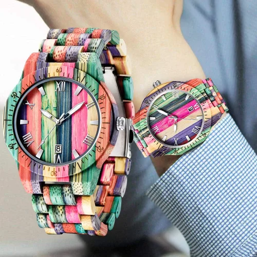 Vista 6 de Tiong Brand Wooden Watches Mens with Handmade Colorful Bamboo Wood Watch Analog Date Quartz Wooden Watch for Men