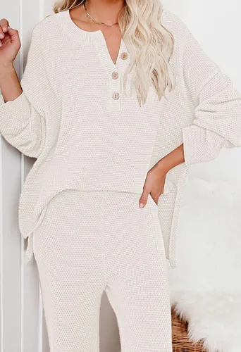 Vista 2 de Uusollecy Conjunto de suéter de 2 piezas para mujer, de manga larga, sin botones, de punto, pantalones de pierna ancha, ropa de descanso