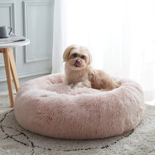 Vista 23 de Cama calmante para perros y gatos, cama antiansiedad, de felpa, con forma de dona, redonda, acolchada, de piel sintética, suave y esponjosa