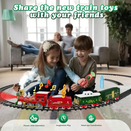 Vista 5 de Hot Bee Juego de tren de Navidad con control remoto, juguetes de tren con humo, luces y sonido, juegos de tren de Navidad para alrededor del árbol