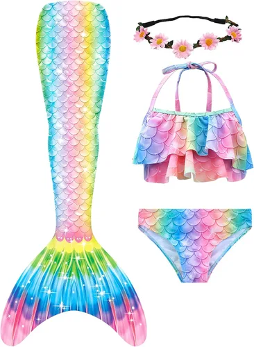 Vista 2 de GALLDEALS Conjunto de bikini de sirena para niñas de 7 a 8 años con monoaleta azul