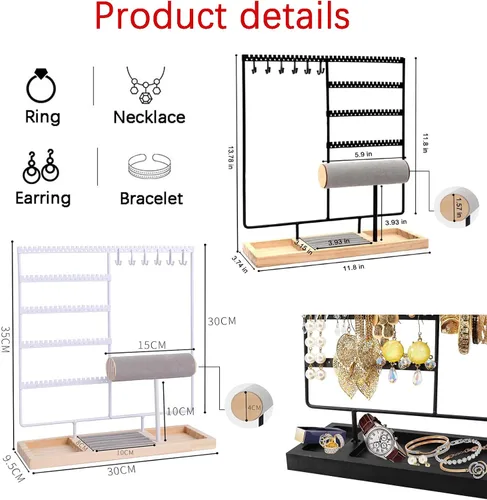 Vista 2 de HINIHAO Soporte para aretes, organizador de joyas, soporte para collares, estante de torre de joyería de 5 niveles, 108 agujeros, 12 ganchos