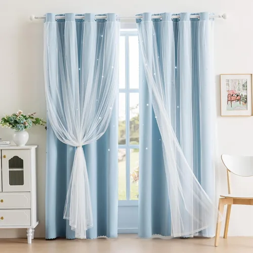 Vista 53 de indistar Cortinas opacas con recortes de estrellas para dormitorio de niña, cortinas de oscurecimiento para habitación de bebé, cortinas