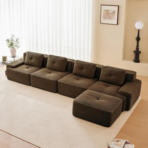 Vista 107 de Sofá moderno comprimido sin armazón de 116", sofás seccionales de 3 plazas para sala de estar, sofá seccional modular de pana verde nube, espuma
