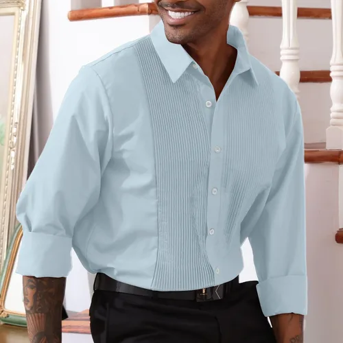 Vista 3 de CTU Camisa de vestir plisada para hombre, camisas de esmoquin de manga larga con botones formales