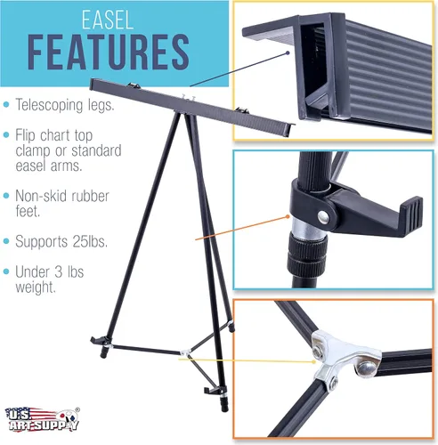 Vista 3 de U.S. Art Supply Caballete de aluminio negro de 66 pulgadas de alto para sala de juntas y soporte de presentación, piso / mesa ajustable, trípode