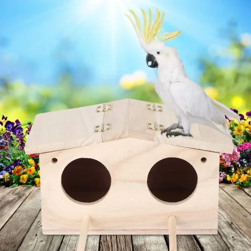 Vista 2 de Caja anidable de periquitos, casa de madera para nidos de pájaros para mascotas, jaula de cría de cacatúas con perca, accesorios para loros