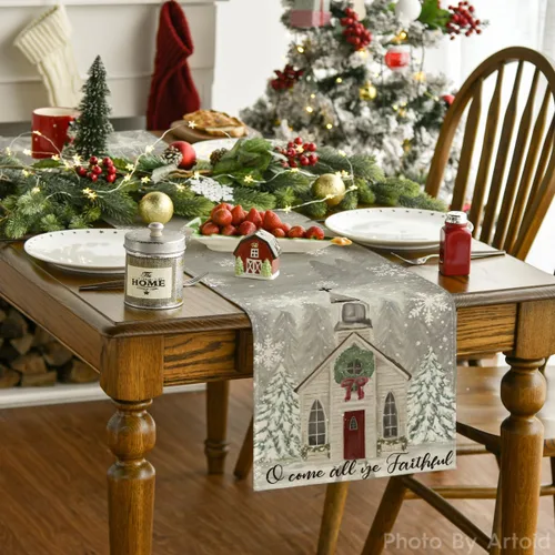 Vista 2 de Artoid Mode Camino de mesa de Navidad con diseño de árboles de Navidad y copos de nieve, decoración de mesa de cocina con lazo de moño para fiestas
