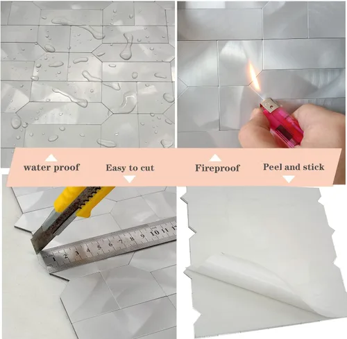 Vista 5 de XUANINY Azulejos de metal para salpicaduras de 5 hojas, autoadhesivas, múltiples formas, mosaico de aluminio 3D para decoración de cocina y baño