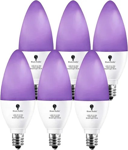 Vista 7 de Paquete de 2 bombillas LED negras, 6 W, E12, nivel de bombilla de luz negra, 385-400 nm, pintura corporal, que brilla en la oscuridad, bombilla LED