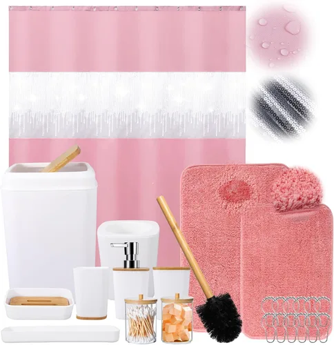 Vista 16 de Juego de accesorios de baño rosa con cortina de ducha y alfombras con purpurina, juegos de baño con alfombras de baño extrasuaves y absorbentes