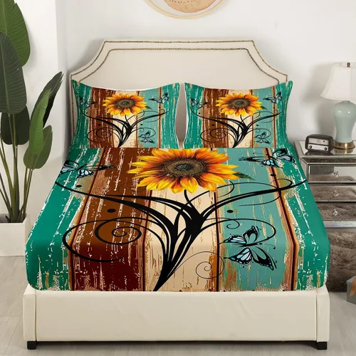 Vista 2 de Erosebridal Juego de ropa de cama rústica de tamaño individual, diseño de mariposa y girasol, para niños, adolescentes, adultos, retro, grunge