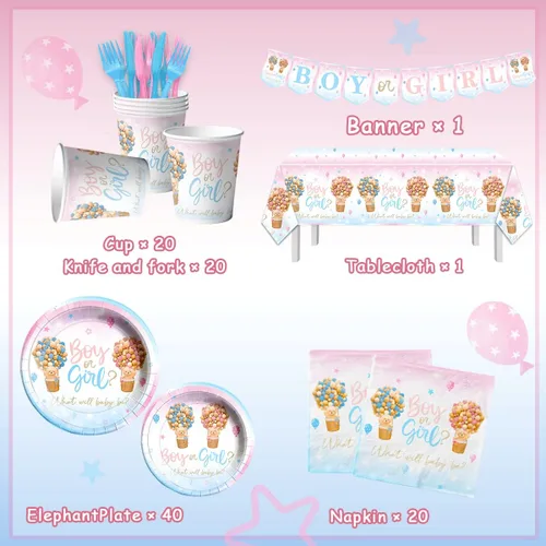 Vista 6 de Baby Bear - Vajilla de revelación de género, 122 piezas, platos y servilletas, tazas, mantel de oso para niños o niñas, suministros de fiesta