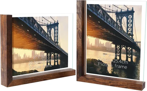 Vista 15 de Lavezee Paquete de 2 marcos de fotos de 4 x 6 pulgadas, hechos de base de madera negra en forma de L con vidrio, imágenes de fotos de doble cara