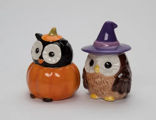 Vista 3 de Juego de salero y pimentero de cerámica fina para Halloween, búho bruja y calabaza, 2-7/8 pulgadas de alto