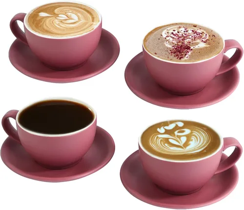 Vista 11 de Yundu Ceramics Latte Cup and Saucer - 10 onzas para capuchino, té, café moca, juego de 4, color mixto mate 4 colores mate oscuro