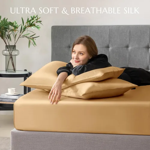Vista 86 de THXSILK Juego de sábanas bajeras de 100% seda de morera, 3 piezas de seda 7A+, transpirable, suave, sábana bajera de 16 pulgadas de profundidad, 2