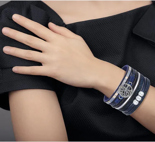 Vista 2 de Pulsera envolvente de cuero turquesa, pulseras de cuentas en capas para mujer, pulseras de plumas multicapa, pulsera bohemia occidental para mujer