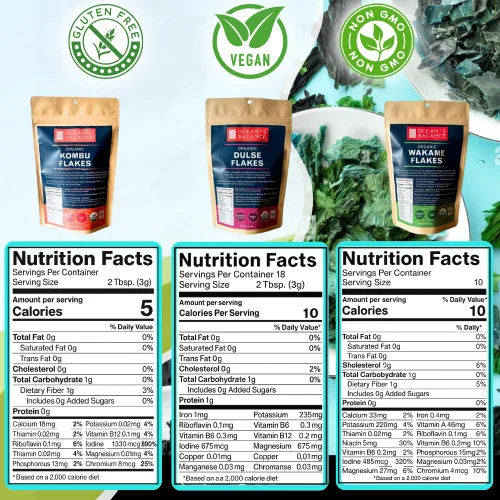 Vista 2 de Ocean's Balance Organic Flakes - Paquete combinado de algas marinas (bolsa de 4 onzas Dulse + 4 onzas de Wakame + Kombu) - Algas marinas de la costa