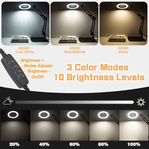 Vista 4 de Lupa con abrazadera de luz y base, lámpara de aumento de 15 x 10 X para escritorio, 72 lupas de lente de vidrio LED, 3 modos de color regulable