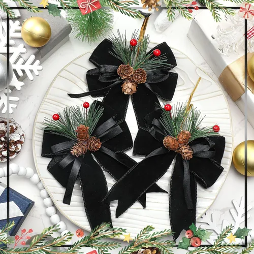 Vista 4 de Syhood - 6 lazos de Navidad a cuadros con piñas de pino, cintas de terciopelo negro, para corona de árbol de Navidad, decoración de fiestas