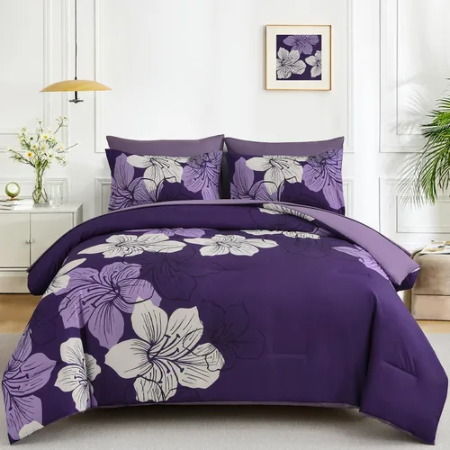 Vista 11 de Luxudecor Juego de edredón floral tamaño individual, 6 piezas de cama en una bolsa, edredón floral azul y juego de sábanas, juego de ropa de cama