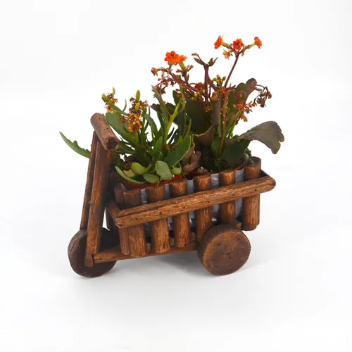 Vista 8 de GANAZONO Maceta de madera hecha a mano con diseño de carrito para el hogar y la oficina, contenedor multifuncional para plantas