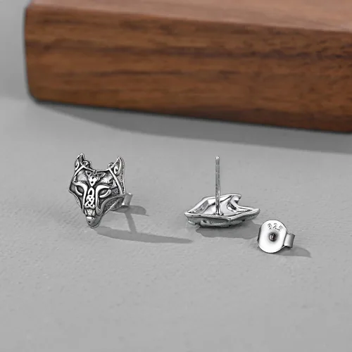 Vista 9 de FaithHeart Norse Vikingo Jewelry - Aretes de tuerca de plata de ley de acero inoxidable, lobo celtamartillo de Thors para mujeres y hombres, Acero