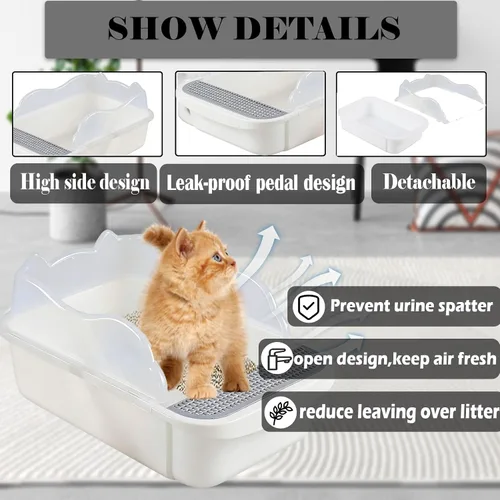 Vista 3 de kathson Caja de arena abierta para gatos con lado alto, bandeja de arena para gatos antisalpicaduras, inodoro para gatitos con cuchara de tamizar