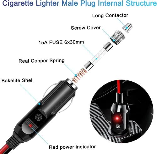 Vista 5 de Cable de extensión de encendedor de cigarrillos resistente de 12 V/24 V de 6 pies con luz LED para bomba de neumáticos de automóvil, compresor